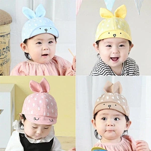New Design Colorful Cartoon Baby Summer Sun Newborn Rabbit Ear Baby Hat With String