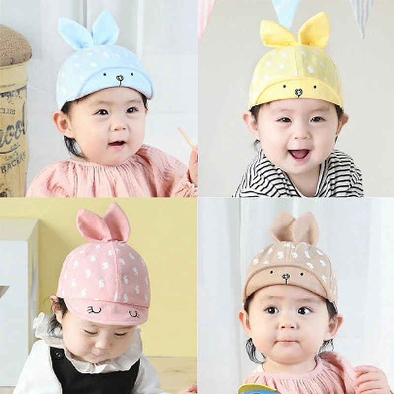 New Design Colorful Cartoon Baby Summer Sun Newborn Rabbit Ear Baby Hat With String
