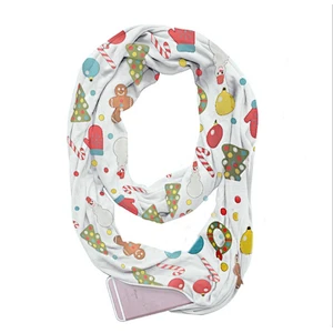 Christmas cute print unlimited neck storage zipper pocket scarf