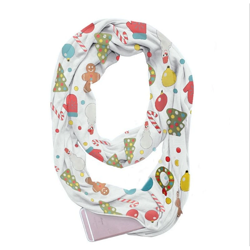Christmas cute print unlimited neck storage zipper pocket scarf