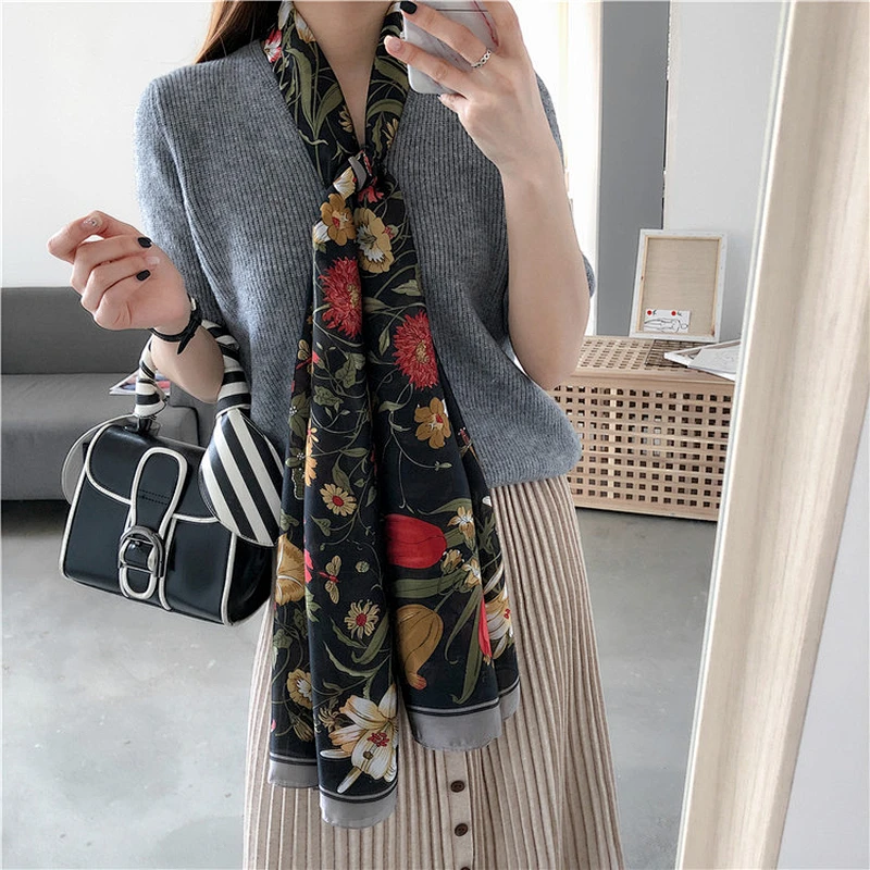 Wholesale custom printed floral 100% silk muslim scarf shawl for women
