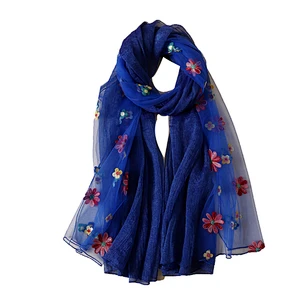 Top quality women charmeuse scarves custom made flower embroidery silk scarf