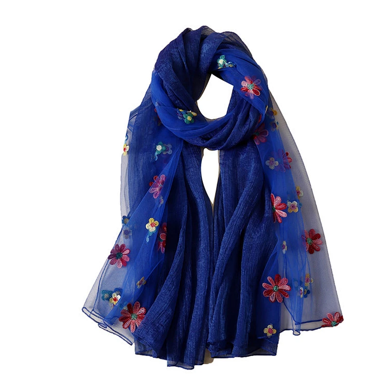 Top quality women charmeuse scarves custom made flower embroidery silk scarf