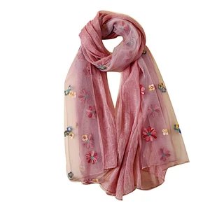 Top quality women charmeuse scarves custom made flower embroidery silk scarf