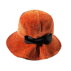 Women Solid Color Winter Hat 100% Chenille Cloche Bucket with Bow