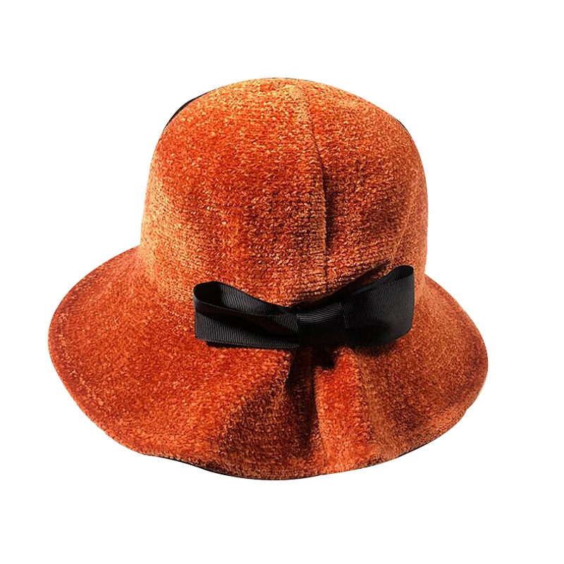 Women Solid Color Winter Hat 100% Chenille Cloche Bucket with Bow