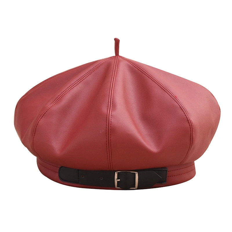 England Fashion PU Leather Beret Pumpkin Painter Hat Autumn Winter Buckle Hat