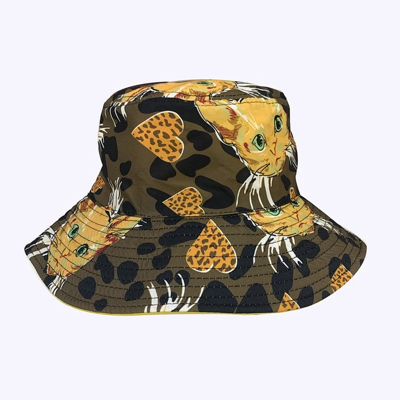 Leopard Print Kitty Summer Big Brim Bucket Hat Double-sided Folding Cap
