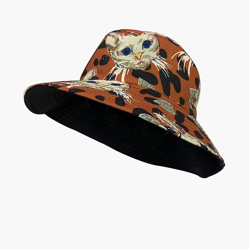 Leopard Print Kitty Summer Big Brim Bucket Hat Double-sided Folding Cap