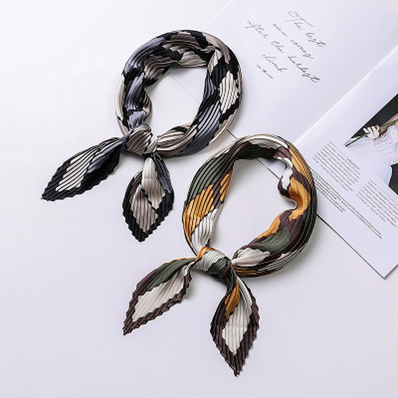 Temperament small square sunscreen pleated wild scarf double sided printing satin silk scarf