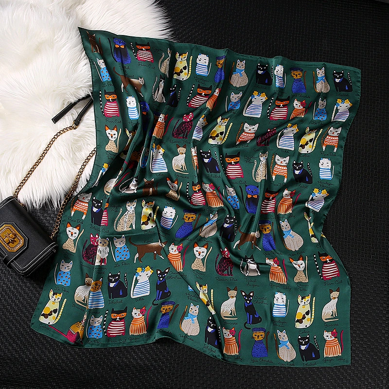Spot cat cute print sunscreen square scarf cheap muslim elegant silk scarfs for women