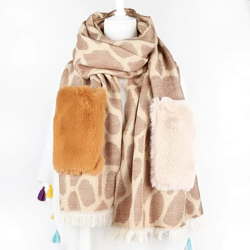 Stylish lazy rabbit fur pocket with long warm stone pattern women lady winter shawls  cashmere scarf