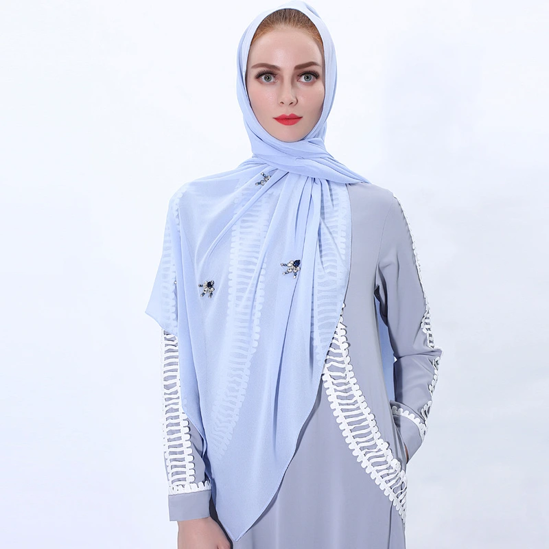Breathable fashion long scarf muslim rhinestone ladies chiffon scarf hijab with pearl