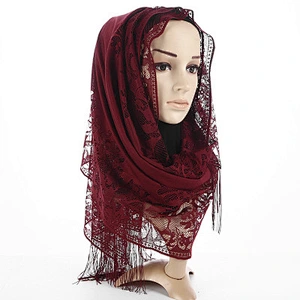 Manufacturers wholesale solid color ladies lace fringe ethnic vintage muslim scarf hijab