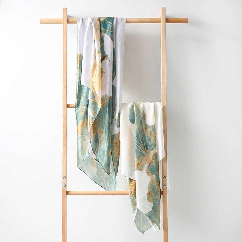 2020 New Flower lotus Female decorative sunscreen satin silk scarf plain