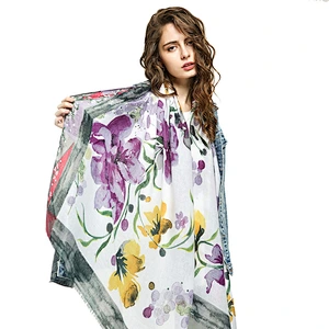 Flower printed cotton and linen sunscreen shawl scarf cotton pleated shawl for women