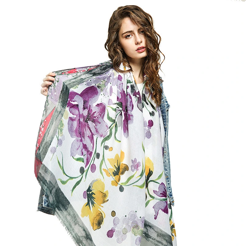 Flower printed cotton and linen sunscreen shawl scarf cotton pleated shawl for women