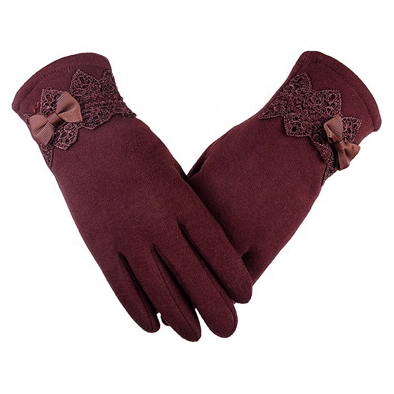 Cute Bowknot Knitted Gloves For Women Girls Lady Suede Leather Winter Warm Gloves
