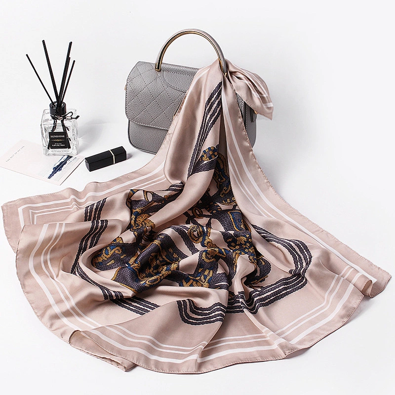 High-grade lock button printed silk square sunscreenscarf womens summer square satin female scarfs