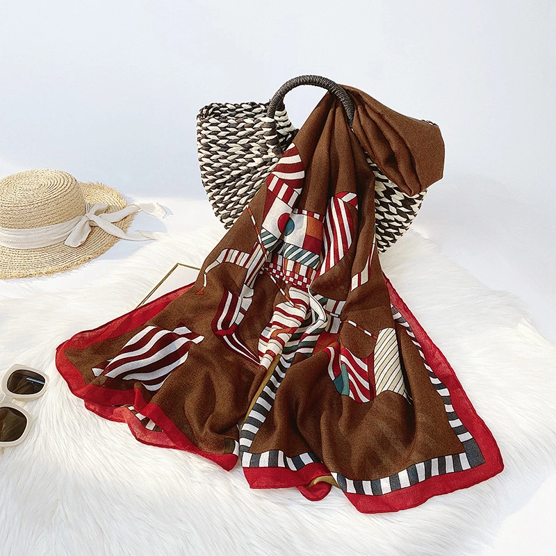 Factory direct sales summer new cotton and linen long satin check pattern cotton and linen hemp scarf