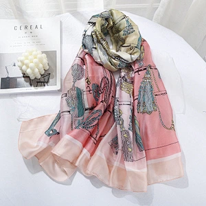 Rope knot printing simulation silk summer thin sunscreen scarf female beach towel pink long silk scarf supplier