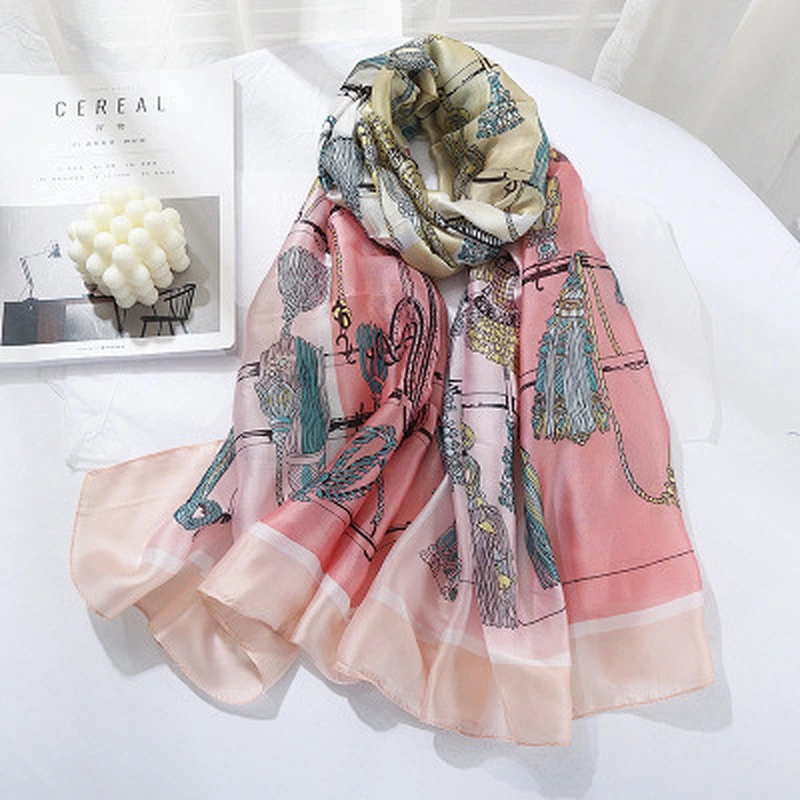 Rope knot printing simulation silk summer thin sunscreen scarf female beach towel pink long silk scarf supplier