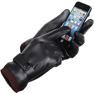 Winter Thicken Warm Gloves Straps Style Leather Screen Touch Gloves For Man