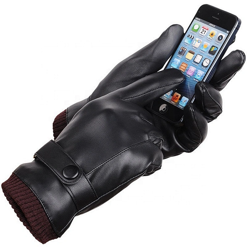 Winter Thicken Warm Gloves Straps Style Leather Screen Touch Gloves For Man