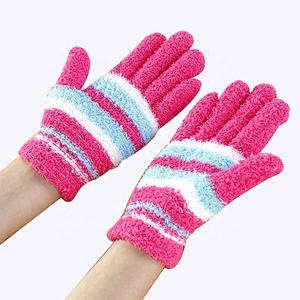 Striped Knit Fall Winter Gloves Coral Fleece Fuzzy Warm Mittens Gloves