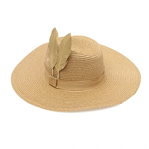 Mauncaturer Customized Made Wide Brim Straw Sun Hats Promotional Summer Beach Woven Paper Straw Hats With Feather
