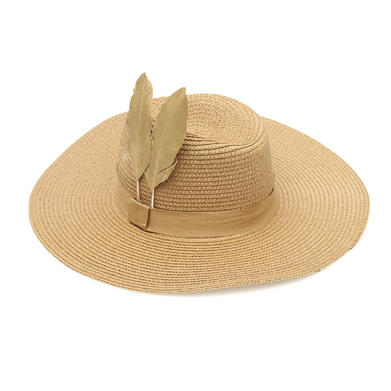 Mauncaturer Customized Made Wide Brim Straw Sun Hats Promotional Summer Beach Woven Paper Straw Hats With Feather