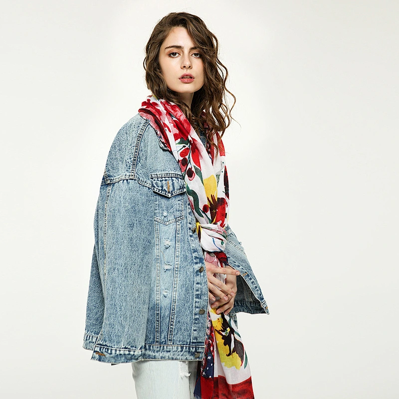 Flower printed cotton and linen sunscreen shawl scarf cotton pleated shawl for women