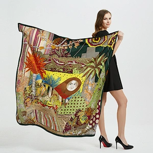 130*130CM Women's Orange Oversized Sunscreen Printed Shawl silk twill large square scarf
