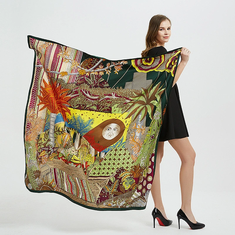 130*130CM Women's Orange Oversized Sunscreen Printed Shawl silk twill large square scarf