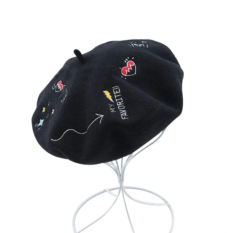 Cute high quality wool warm women beret with embroidery for wholesale