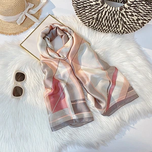 New style satin curled silk scarf fashion mid-length printed color grid hijab silk scarf muslim shawl