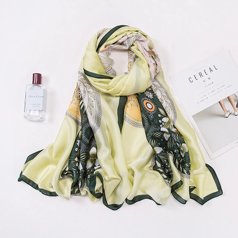 Simulation silk satin long fresh wind scarf female sunscreen print satin silk shawl scarf