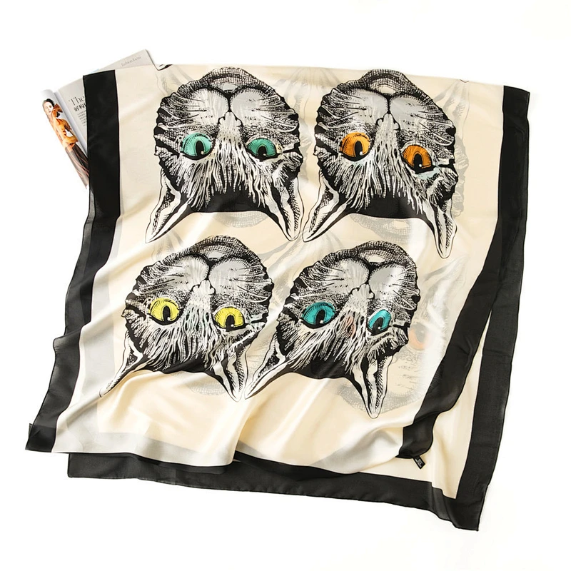Wholesale sunscreen scarf seaside travel cute cartoon cat printed long silk scarf shawl for women