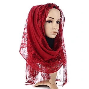 Manufacturers wholesale solid color ladies lace fringe ethnic vintage muslim scarf hijab