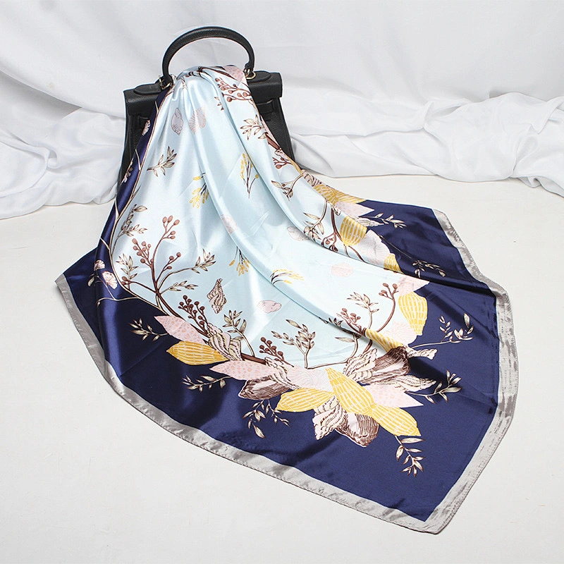 2020 new wholesale female vine flower blue print twill silk scarf custom 90cm