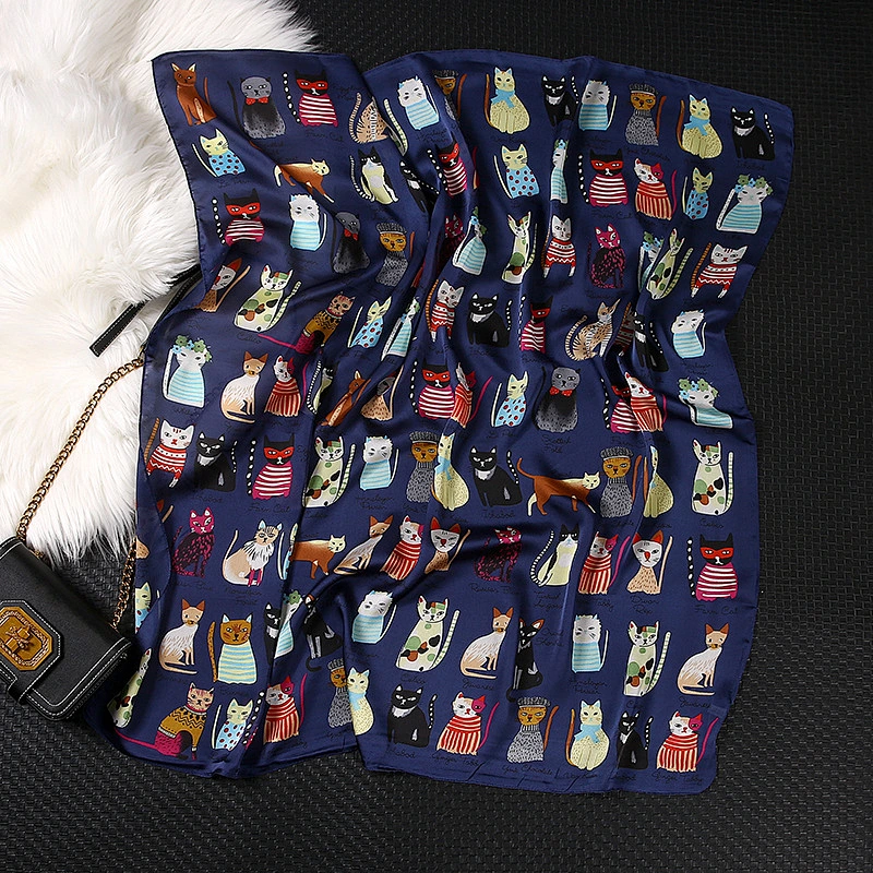 Spot cat cute print sunscreen square scarf cheap muslim elegant silk scarfs for women