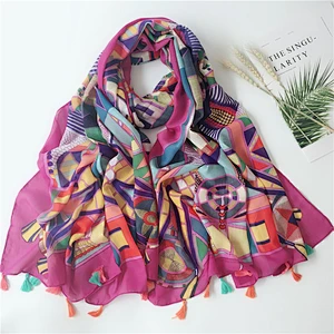 2020 new mercerized cotton encrypted Bali yarn print ladies bali yarn  tassel scarf summer cotton