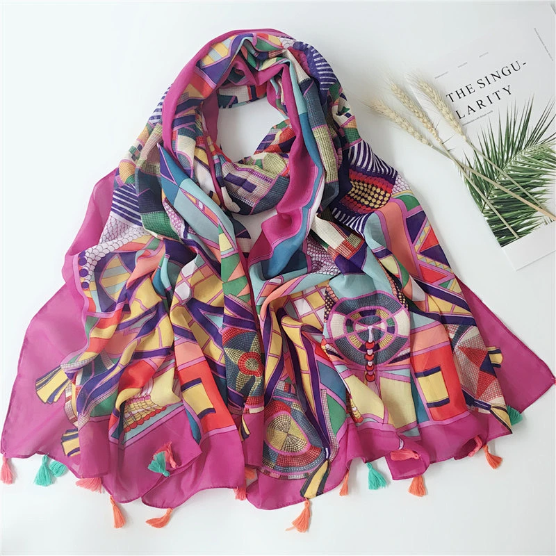 2020 new mercerized cotton encrypted Bali yarn print ladies bali yarn  tassel scarf summer cotton