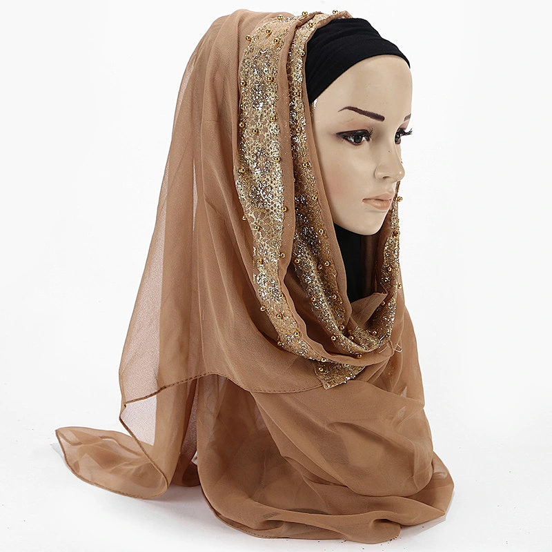 Solid color chiffon pearl jacquard inlaid diamond scarf cheap long women chiffon scarves hijab