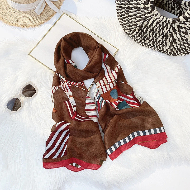 Factory direct sales summer new cotton and linen long satin check pattern cotton and linen hemp scarf