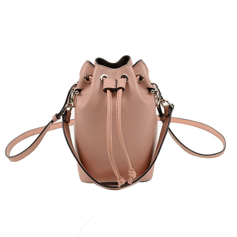 Fashion women genuine leather hand bag lady bucket shoulder handbag with drawstring