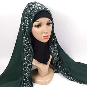 Factory direct sales flower pattern hot drilling pearl wholesale soft muslim cotton hijab scarf