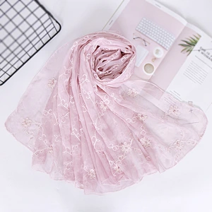 Muslim jacquard pearl imitated silk embroidered women scarf lace shawl hijab women