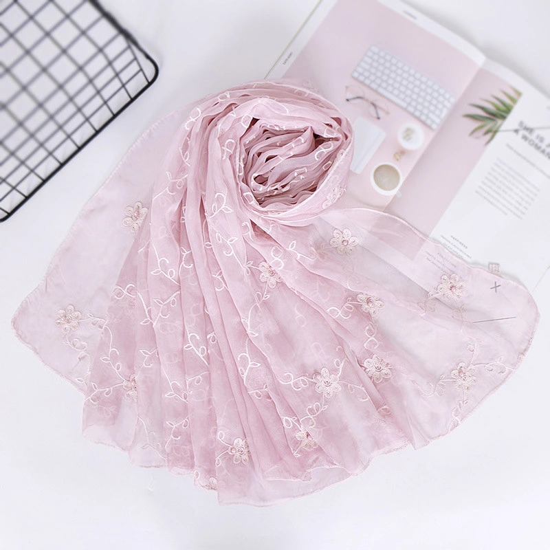 Muslim jacquard pearl imitated silk embroidered women scarf lace shawl hijab women