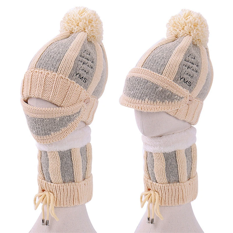 3-pieces fashion warm knit hat thick cap knitted women winter hat scarf and mask set
